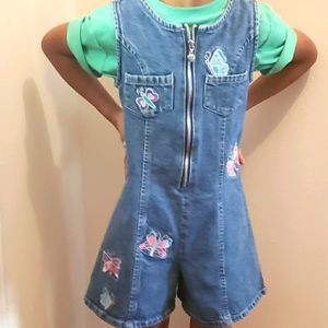 Vintage Denim Romper Shorts & Butterfly Emroidery Long Zipper Blue Jean Skort